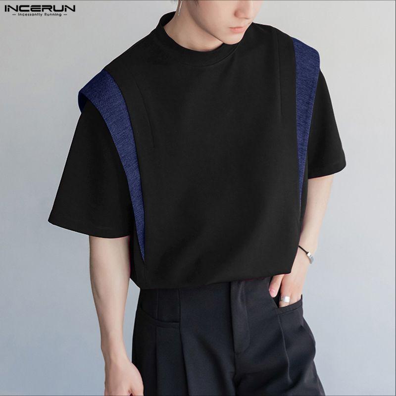 INCERUN Men Round Neck Short Sleeve Patchwork Oversized T-Shirts Tops