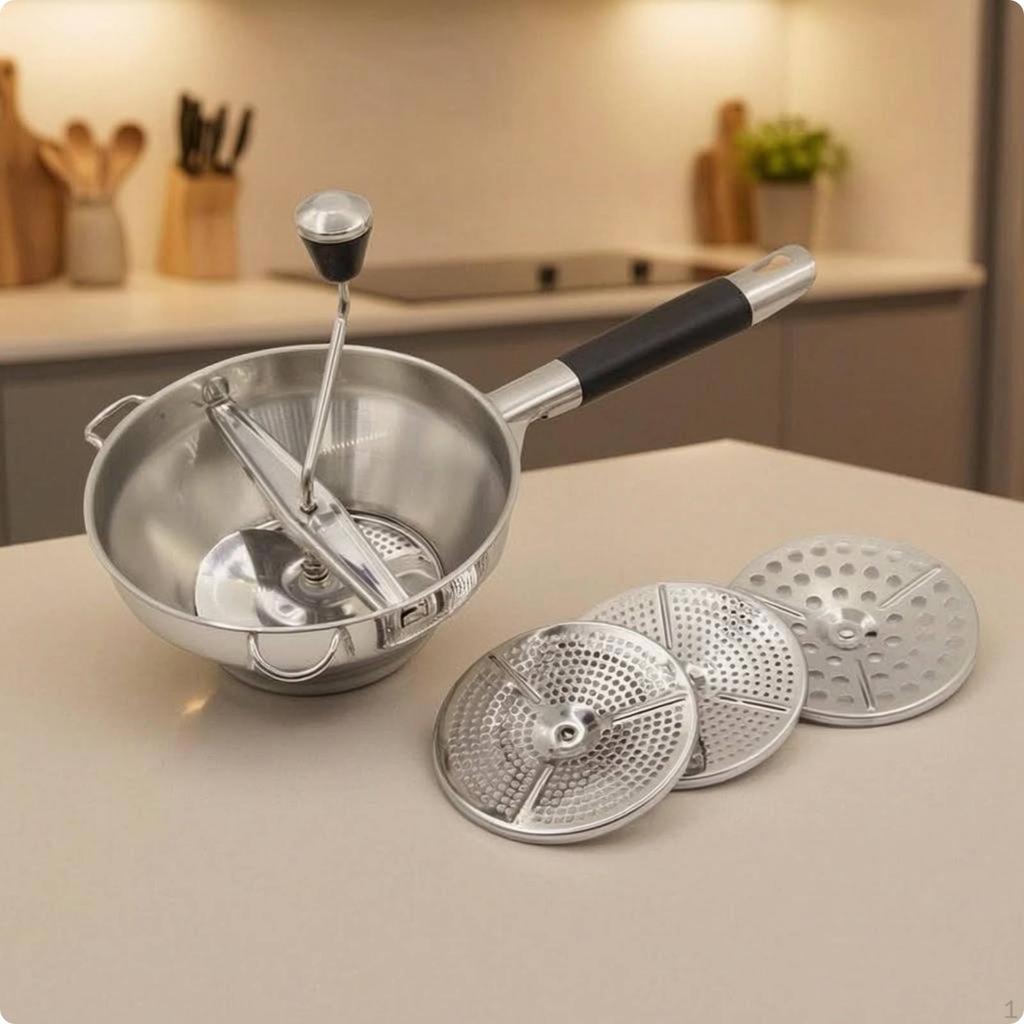 Food Mill with 3 Discs Perforated Handheld Silicone Grip Puree Maker