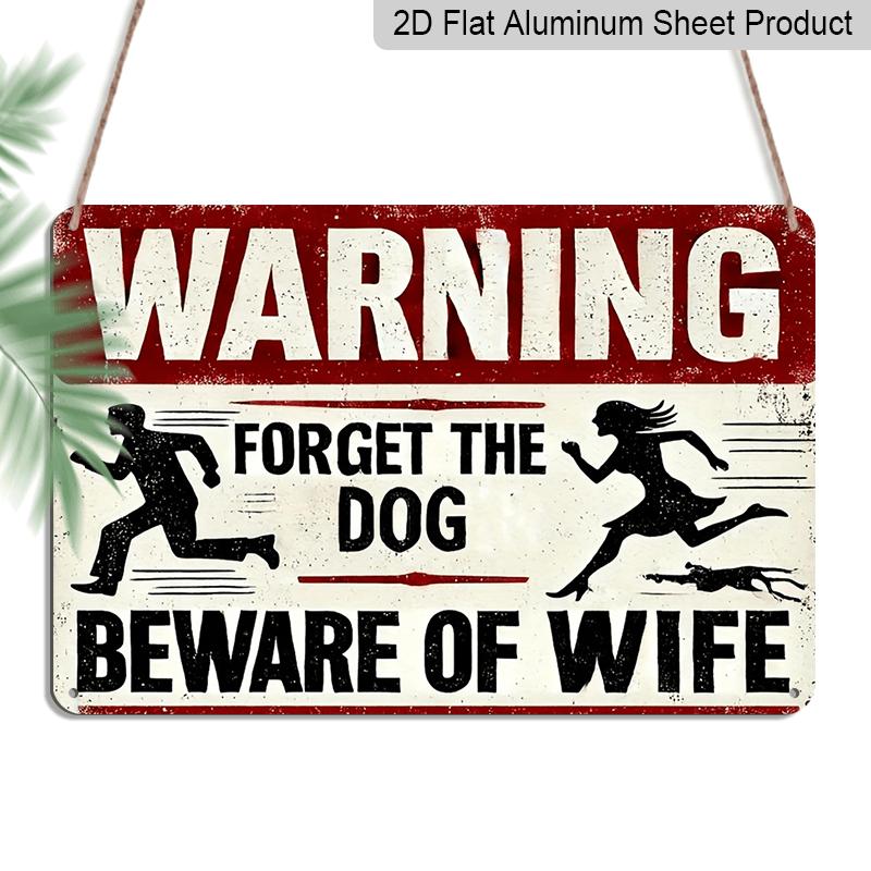 

2D Flat 1pc Funny Beware of The Wife Retro Metal Sign - 8x12 Inch Aluminium Wall Decor with Running Silhouette & Dog Warning, Rustic Red and Black 20*30cm