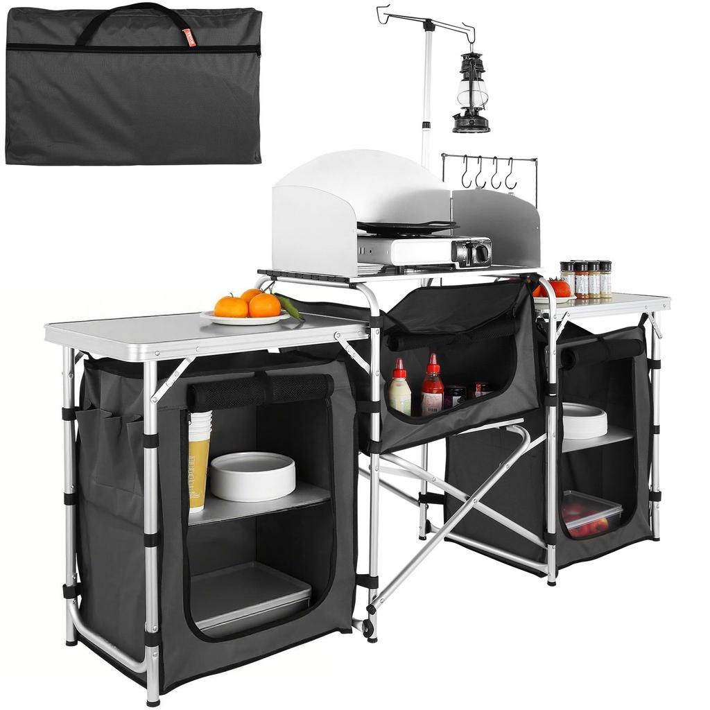 VEVOR Camping Kitchen Table, Folding Outdoor Cooking Table with Storage Carrying Bag, Aluminum Cook Station 3 Cupboard & Detachable Windscreen