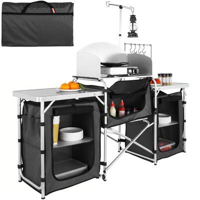Camping Kitchen Table, Folding Outdoor Cooking Table with Storage Carrying Bag, Aluminum Cook Station 3 Cupboard & Detachable Windscreen