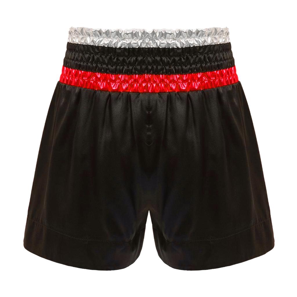 Jungen Glänzende Buchstaben Aufdruck Boxershorts Farbblock Metallisches Patchwork Seitenschlitz Satin Boxen Trainingsshorts