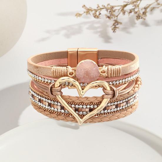 Lady Bracelet Multi-layered Rhinestone Faux Leather Bohemian Style Braided Heart Lightweight Wrist Jewelry Lady Bangle Rope Wristband