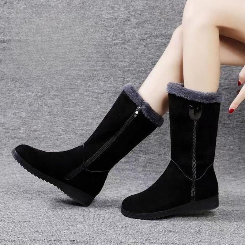 Damskie Buty Zimowe do Połowy Łydki Duży Rozmiar Pluszowe Wnętrze Skośny Obcas Bawełniane Buty Zamek Boczny Antypoślizgowe Śnieg Płaskie Buty Botas Mujer