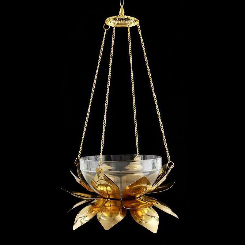 Ghee Butter Lamp with Liquid-Filled Lotus Design | Seven-Star Pendant Light for Buddhist Altar | Home Use Eternal Flame Lamp