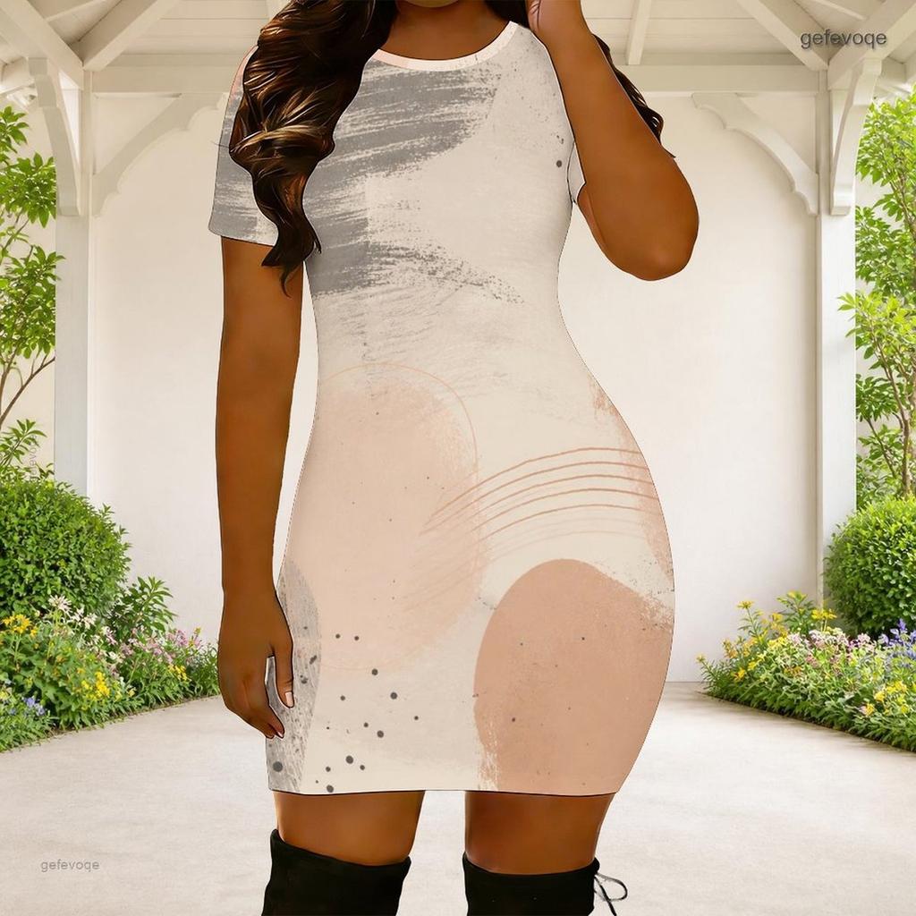 Women Plus Size Round Neck Short Sleeve Abstract Printed White Fitted Bodycon Mini Dress