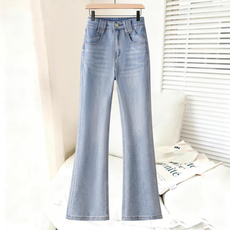 Heavy industry hot diamond micro-pull jeans women's summer high-waisted slim-fitting and thin horseshoe pants light blue flash fishtail pants tide
