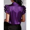 Summer new satin ruffle edge short-sleeved women's solid color casual shirt