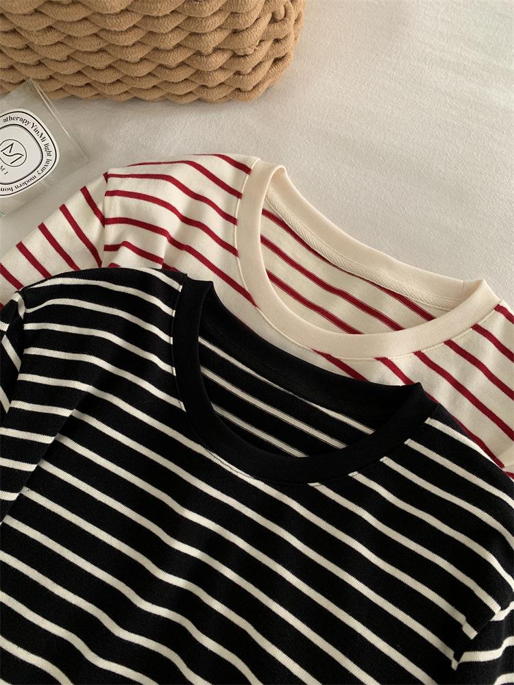 Korean Style Plus Size Striped Round Neck Long Sleeve T-shirt for Women - Autumn Winter Casual Loose Pullover