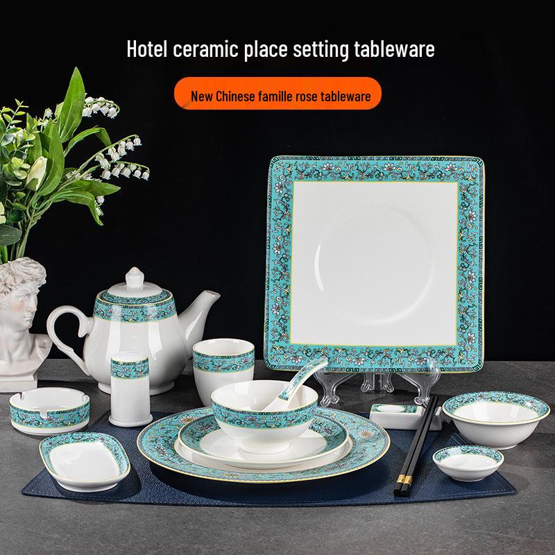 Set di stoviglie smaltate in stile cinese: Set di 4 ciotole, piatti e stoviglie in ceramica per uso in ristoranti e hotel