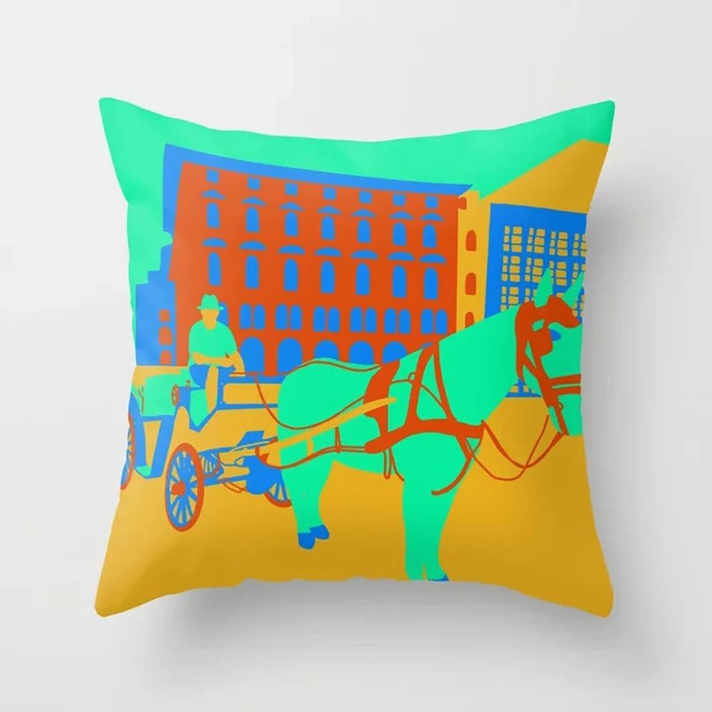 Pink Cartoon City Print Pillowcase Car Ornaments Office Living Room Home Pillowcase