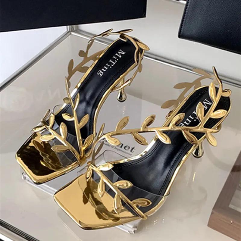 Fashion Fashion Square Toe Pvc Leaf Design High Heel Sandals Women Sexy Open Toe Thin High Heels 2025 Summer Ankle-Wrap Women Pumps