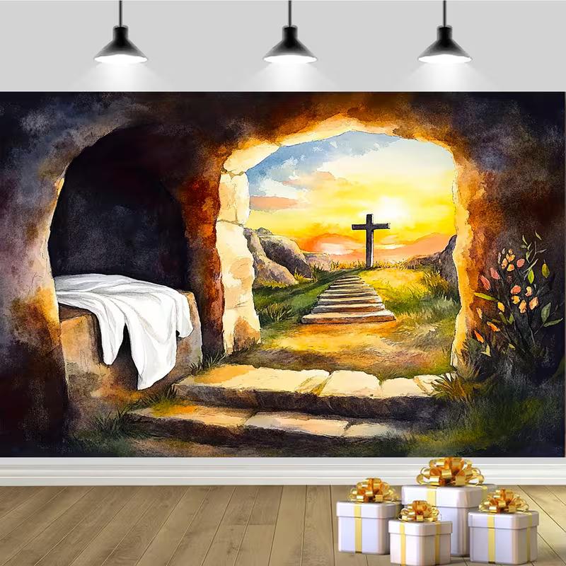 2D Easter Church Backdrop, Watercolor Empty Tomb & Cross Banner for Christian Worship Events