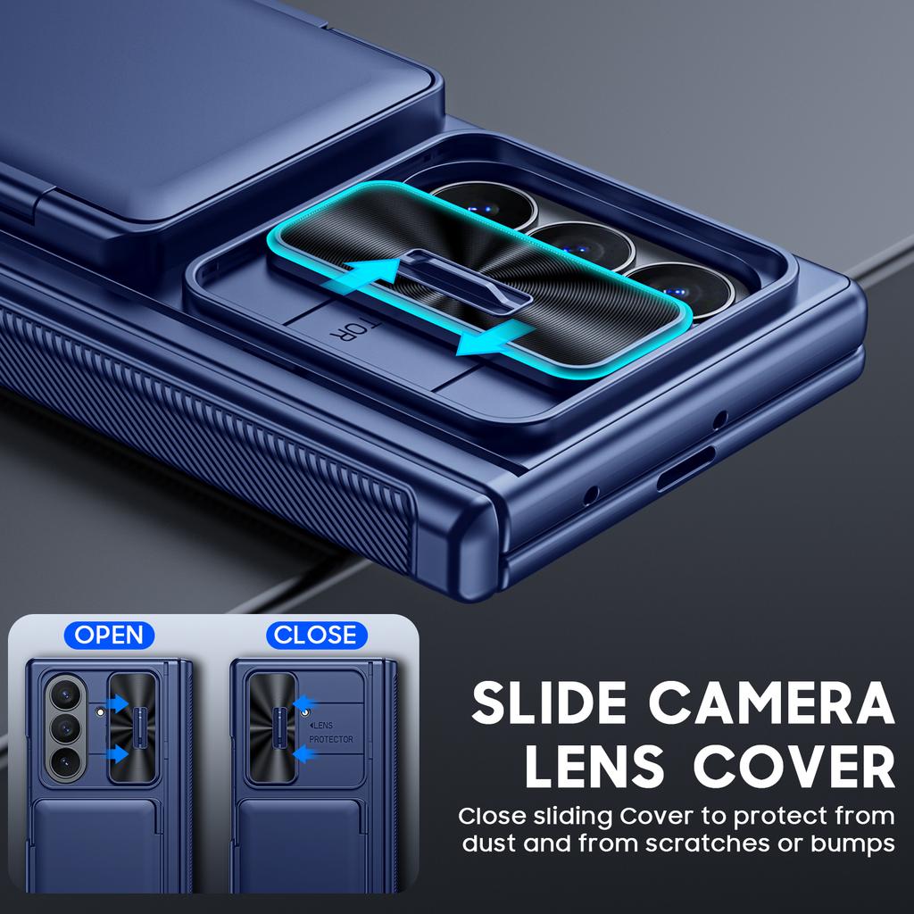Galaxy Z Fold 7 Wallet Case with RFID Blocking Card Slot Sliding Camera Cover and Hinge Protection-Blue