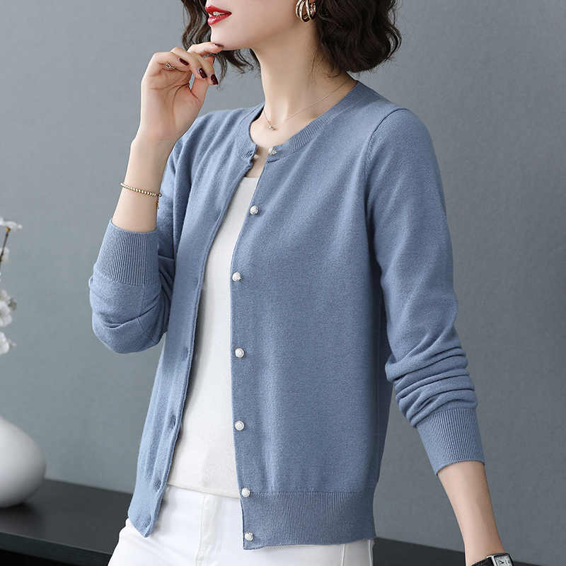 Fashion Crew Neck Knitted Cardigan Loose Women's Short Sweater Jacket Spring and Autumn Long Sleeve Casual Simple Shirt Thin Cardigans Clothing