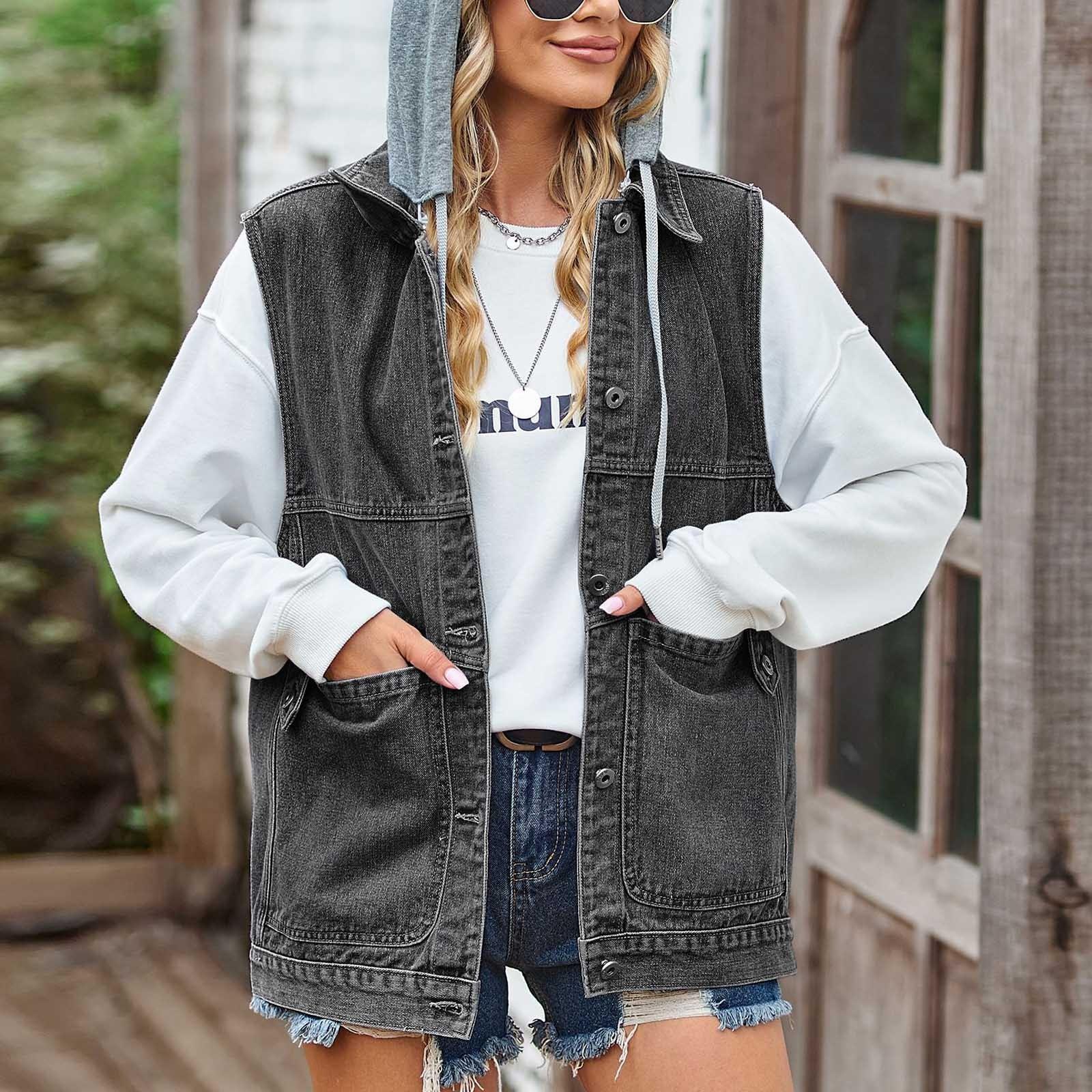 

Жіноча повсякденна вільна вінтажна джинсова куртка з капюшоном L