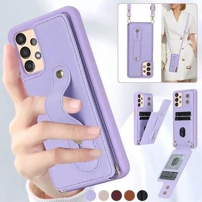 Cartera de Cuero con Lanyard Funda para Teléfono para Samsung Galaxy S26 S25 Edge S24 Ultra S23 Plus S22 A17 A56 A36 A26 A16 A55 A15 A54