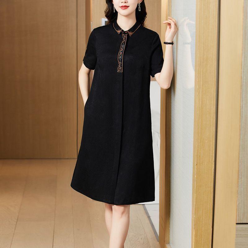 Womens Solid Color Collared Short Sleeve Casual Midi Dress L