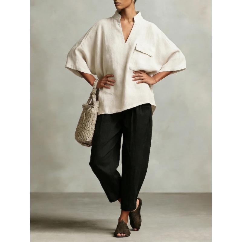 Women Loose V Neck Short Sleeve Cotton Linen Summer Shirt