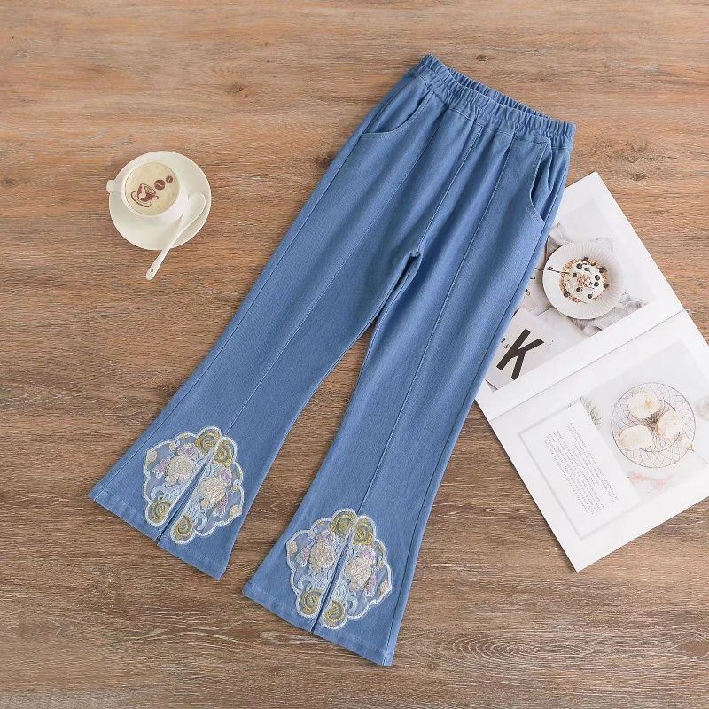 Girls' Pants Summer Thin Flared Pants Elastic Split Jeans