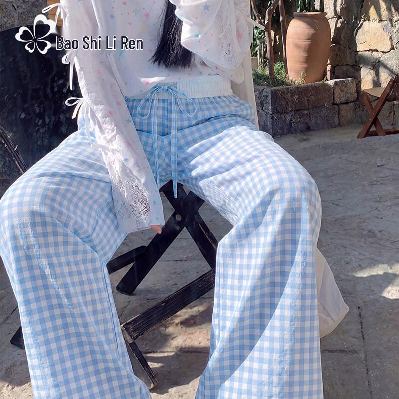Women s Summer Plaid Wide-Leg Pants S