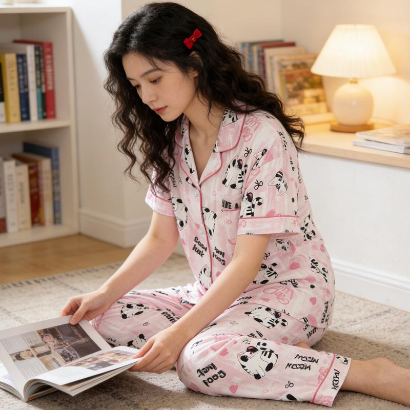 Women's Pajamas Set Cat Print Sleepwear Button Down Tops Long Pajama 2 Piece Suit Pyjama Femme Nightwear Loungewear for Summer