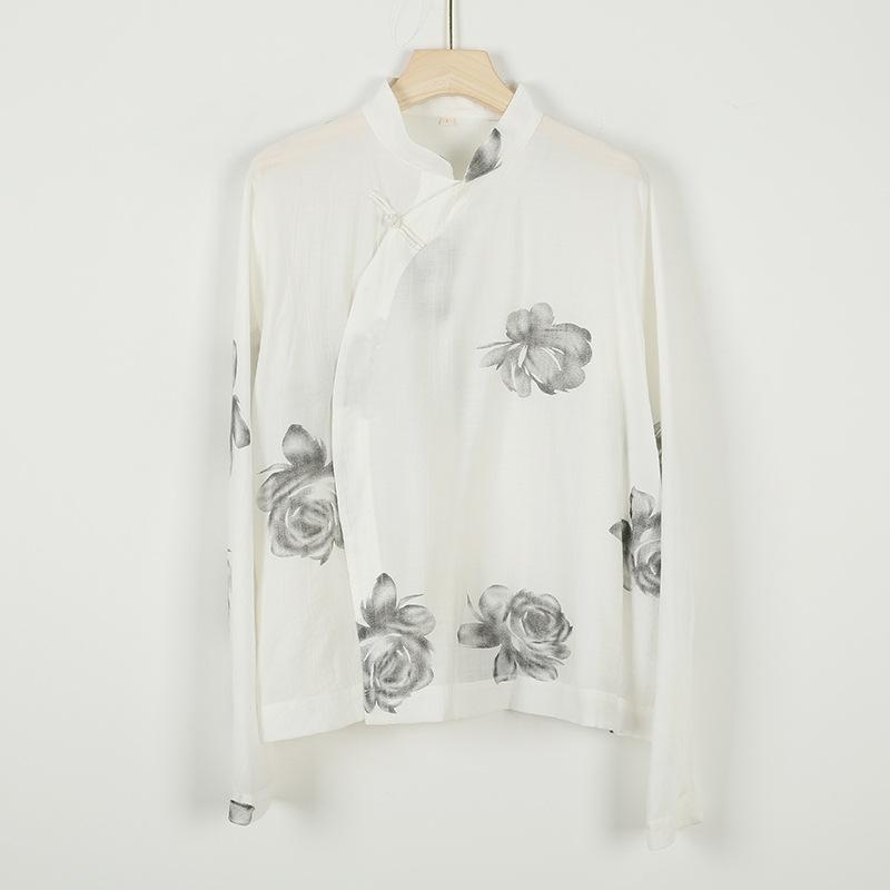 Johnature Women Vintage Stand Shirts Tops Long Sleeve Button Print Floral Blouses Spring Loose Casual Soft Shirts