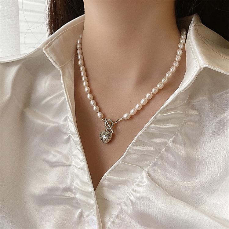 

French Retro Freshwater Pearl & Zircon Heart Necklace - Simple Korean Choker
