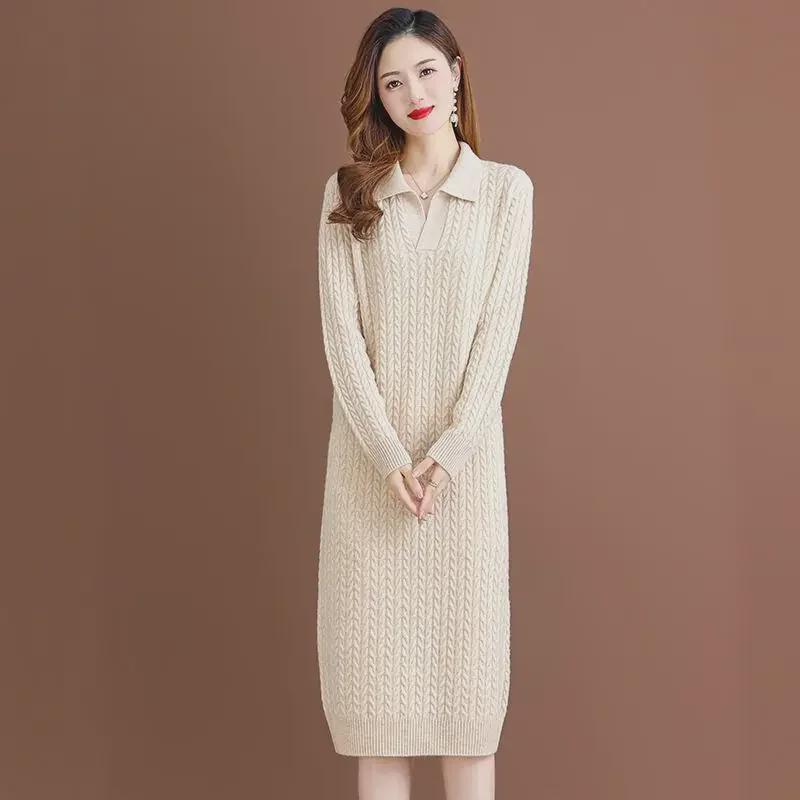 2024 Autumn-Winter Women's Korean Style Knitted Lapel Sweater Dress - Over the Knee, Medium-Length, Loose Fit