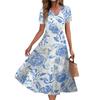 Women's Summer Casual Fashion Print Pocket Short Sleeve V-Neck Swing Dress