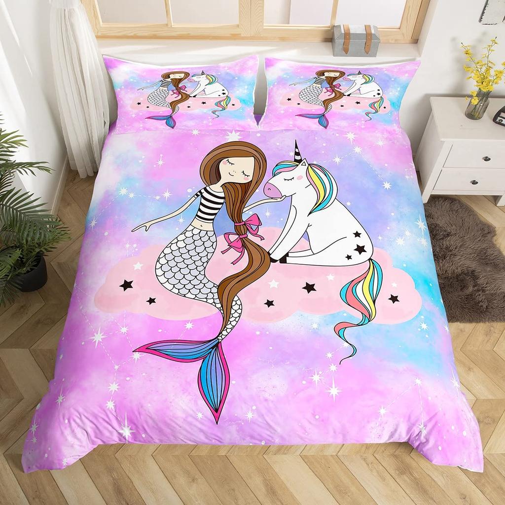 Rainbow Unicorn Quilt Cover Charming Dreamy Horse Comforter Cover Cartoon Little Unicorn Bed Cover Kit Single Size For Girl Teen Kawaii Gifts