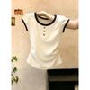 Color-Blocked Round Neck Short-Sleeve T-Shirt for Women, 2026 Summer New Fashion, Simple and Elegant, Waist-Cinching with Buttons, Exquisite Top