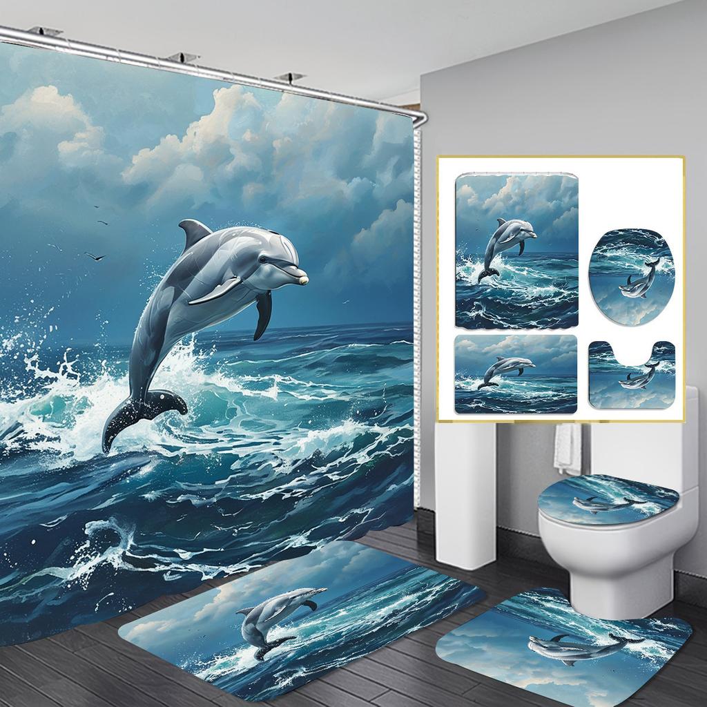 Christmas Shower Curtain Four-Piece Non-Punching Partition Curtain Digital Printing Bathroom Dress