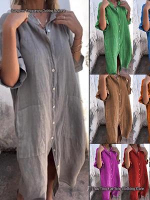 2026 European & American Spring/Summer Loose Casual Mid-Sleeve Cotton Linen Shirt Dress for Women