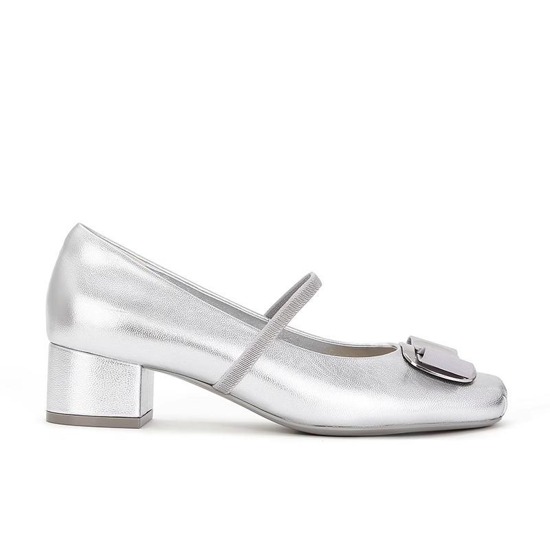 [Shei Su Yinyin] Silver square head bow thick heel Mary Jane single shoes women's flat ballet shoes