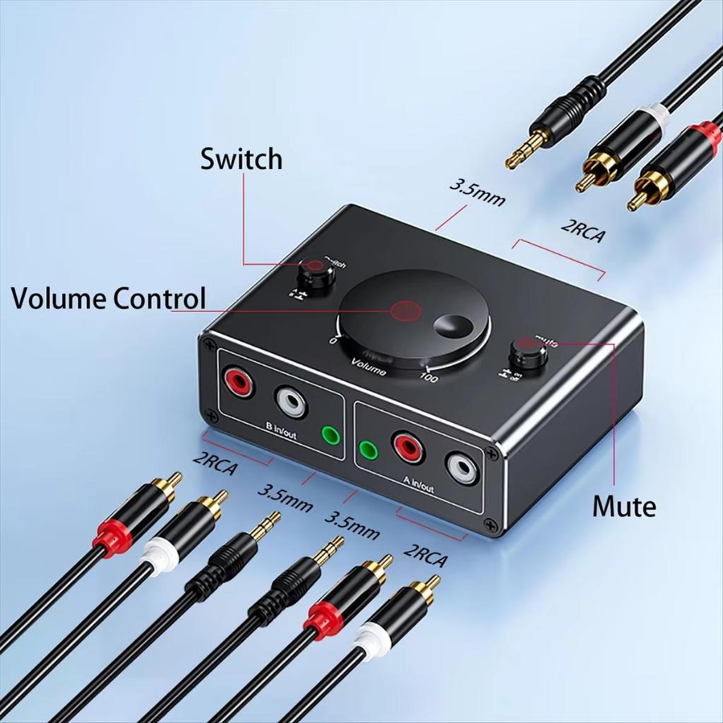 2 Way 3.5mm RCA Stereo Audio Switcher 2 in 1 Out/1 in 2 Out RCA Stereo Audio Switch with Mute Button Bi-Directional Audio Splitter