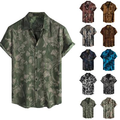 Camisa de hombre vintage con estampado floral, manga corta, botones, cuello abierto, casual, ligera, top de verano