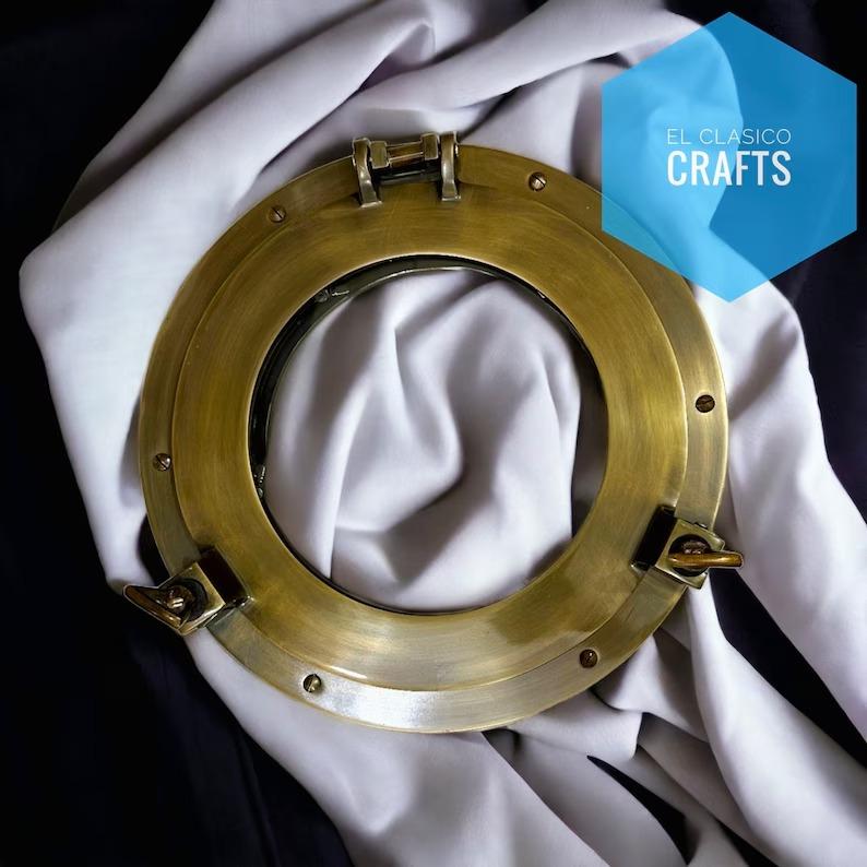 

Canal Boat Aluminium 12 Porthole Window Gold Antique finish Door Glass Nautical Porthole Decor Nautical Ship Gift for Christmas Halloween 12 inches коричневий