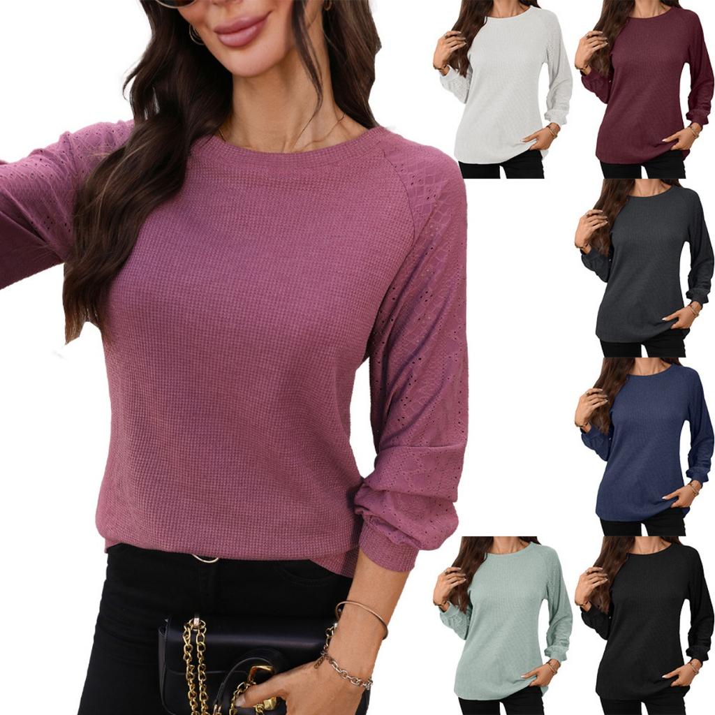 Women's Solid Color Crew Neck Loose Long Sleeve Patchwork T-shirt Top Fall Winter New For Cross-border Trade