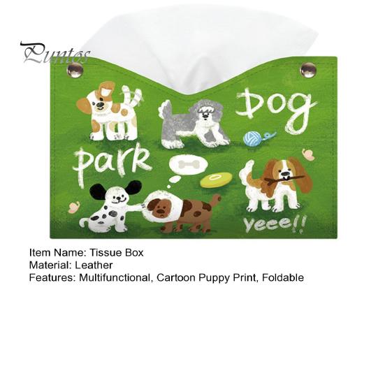 Desktop Organizer Box Leather Tissue Cover with Cartoon Puppies Pattern, Foldable Organizer, Napkin Holder Dorm Room Storage Case, Facial Paper