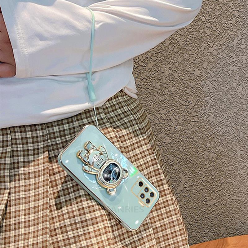 Reno5lite Glitter Astronaut Holder Plating Silicone Case For Oppo Reno 5 6 7 8 Lite 5lite 8t Reno7 A54 A74 4g 5g Lanyard Cover