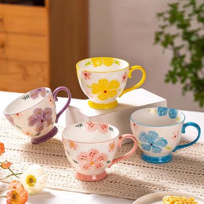 1pcs Flower Ceramic Mug Heat-resistant Breakfast Milk Oat Cup Hand Drawn Large Capacity Juice Handle Cup Microwave Safe 450ml