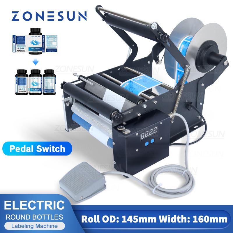 ZONESUN ZS-TB16P Round Bottle Labeling Machine With Smart Electric Pedal Glass Plastic Bottle Jar Vial Sticker Packing Labeler