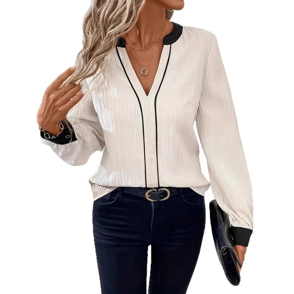 Plus Size Women's Chiffon Blouse, V-neck Long Sleeve Color Block Textured Top, Casual Commute Top for Women