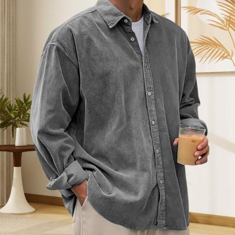 Men Shirt Lapel Long Sleeve Single Breasted Shirt Coat Solid Color Loose Fit Ribbed Texture Casual Shirt Outerwear Daily Wear