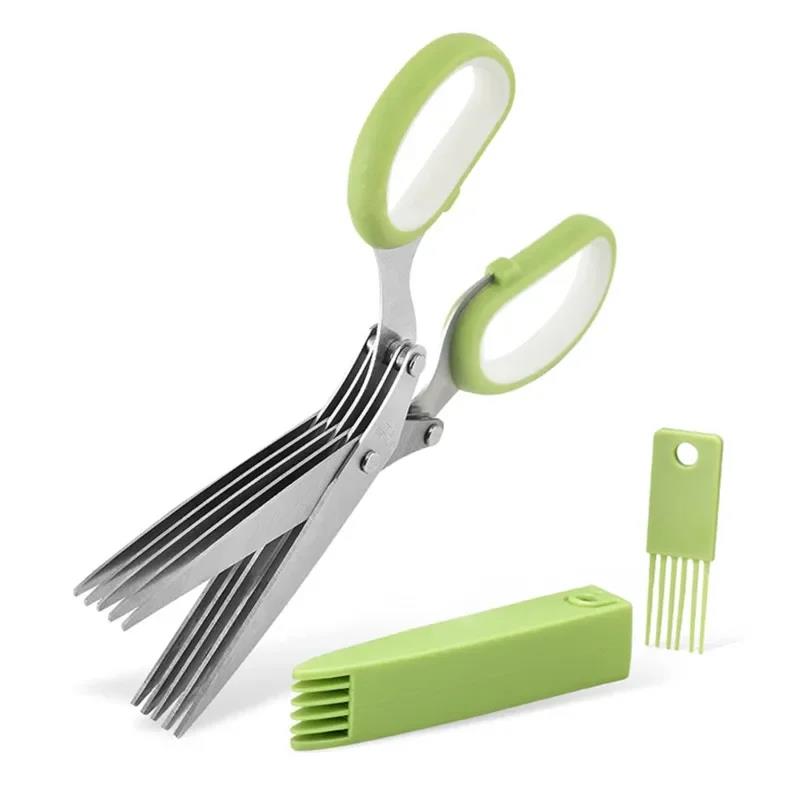 Herb Scissors Stainless Steel 5 Blade Kitchen Shears Household Vegetable Cutter with Cover Multifunctional Kitchen Gadgets5