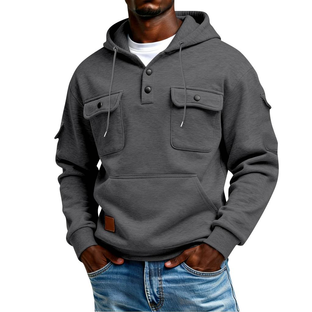 Men's Winter Solid Color Button-Down Collar Multi-Pocket Hoodie Men's Sports Plus Size Casual Sweatshirt