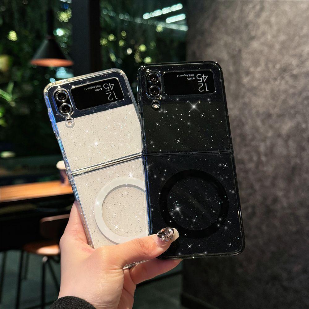 Suitable for Samsung Zflip6 Mobile Phone Case Magnetic Folding Zflip5 4th Generation Transparent Flash Powder Anti Fall Protection Case