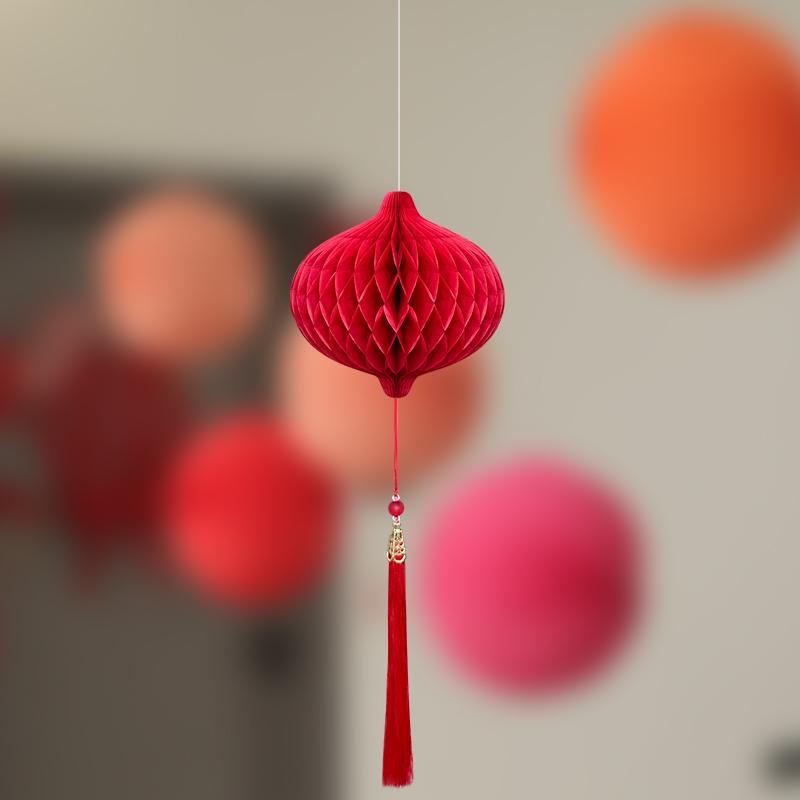 Wedding Décor Set: Honeycomb Balls, Folding Fans & Double Happiness Pendants for Groom's Room