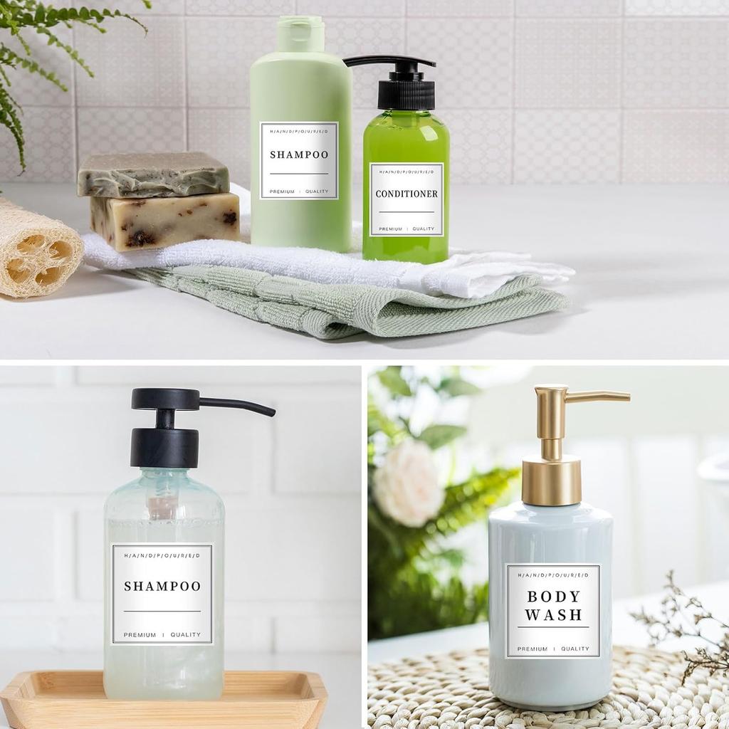 TESWEY 12PCS Bathroom Organization Labels, Waterproof Soap Dispenser Label Stickers for Glass/Plastic Bottles, Removable Cleaning Labels for Body
